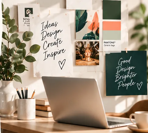 Emily Smith Studio Workspace with warm natural daylight, laptop, and creative sketches