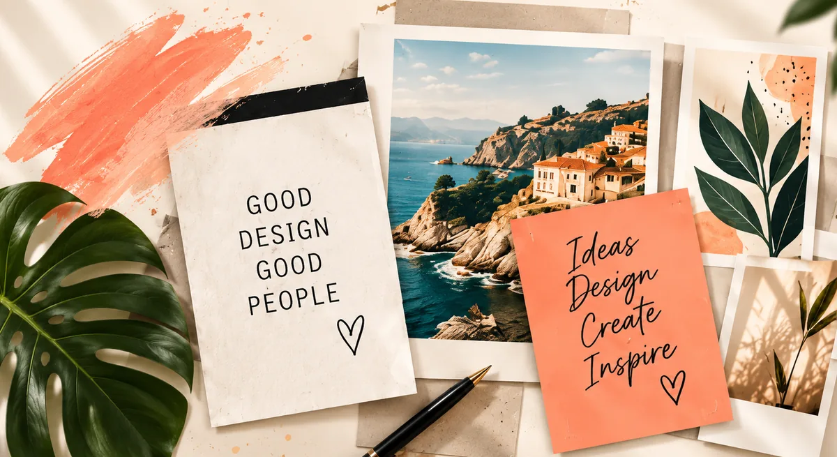 Creative moodboard with coastal photography, botanical artwork and design cards